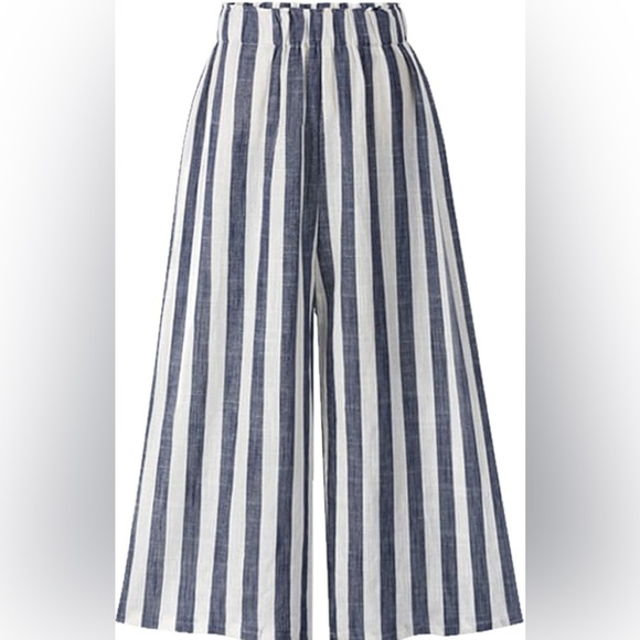 CHARTOU Striped High-Waist Wide-Leg Cotton Palazzo Capri Culotte Pants - Picture 3 of 7